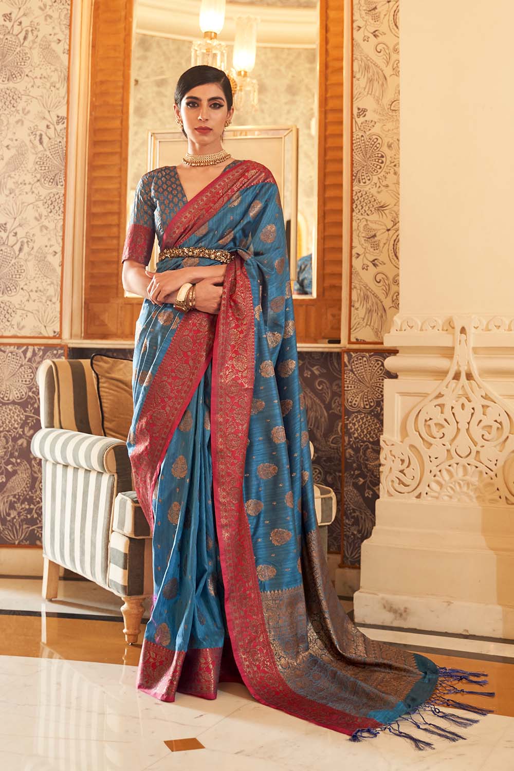 Aarya Blue Handloom Weaving Silk One Minute Saree
