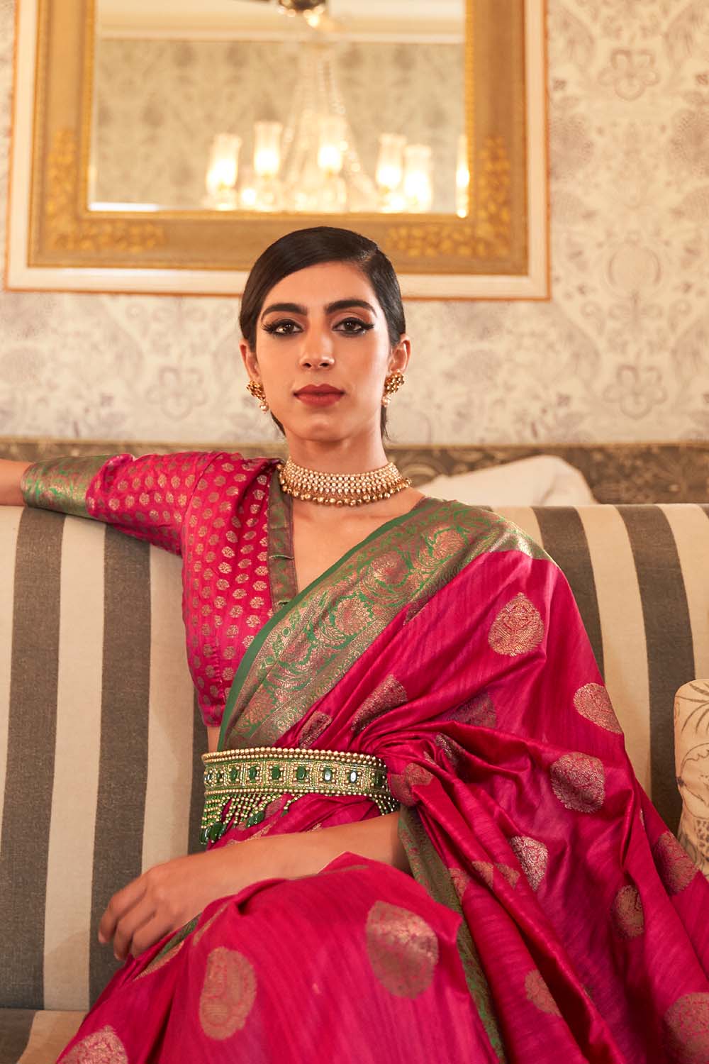 Aarya Pink Handloom Weaving Silk One Minute Saree