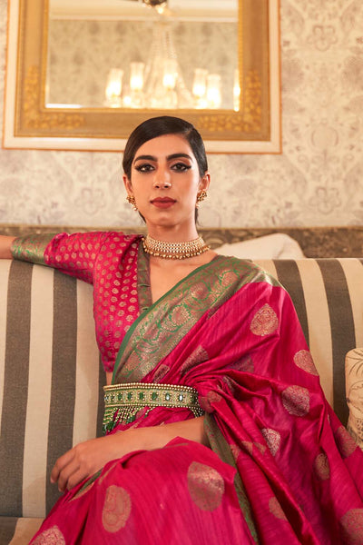 Aarya Pink Handloom Weaving Silk One Minute Saree