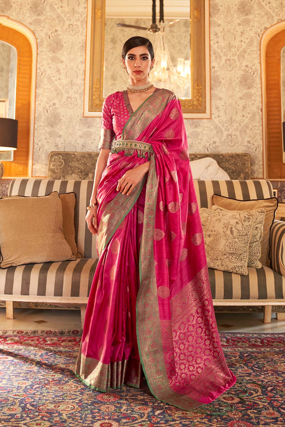 Aarya Pink Handloom Weaving Silk One Minute Saree