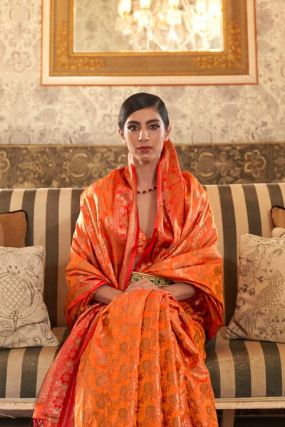 Aarya Orange Handloom Weaving Silk One Minute Saree