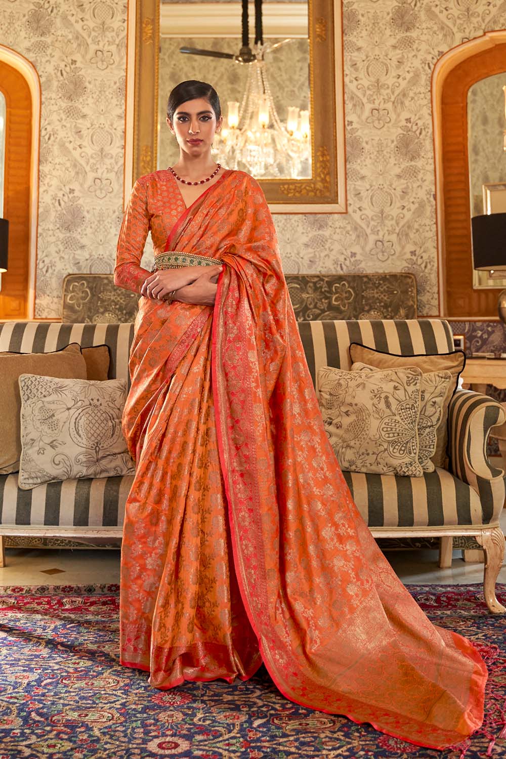 Aarya Orange Handloom Weaving Silk One Minute Saree