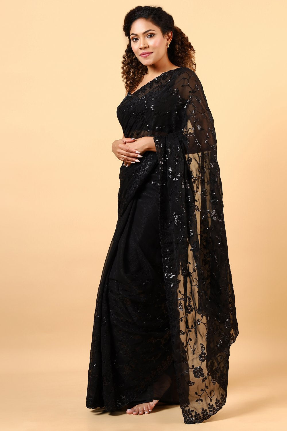 Daniella Black Georgette Embellished Ready to Wear One Minute Saree