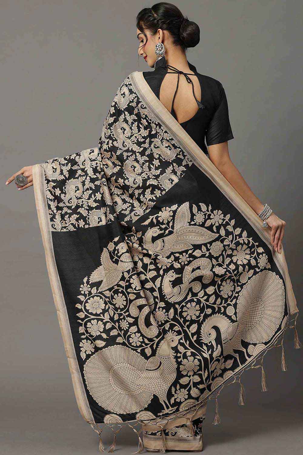 Shop Zoya Bhagalpuri Silk Black Printed Designer One Minute Saree at best offer at our  Store - One Minute Saree