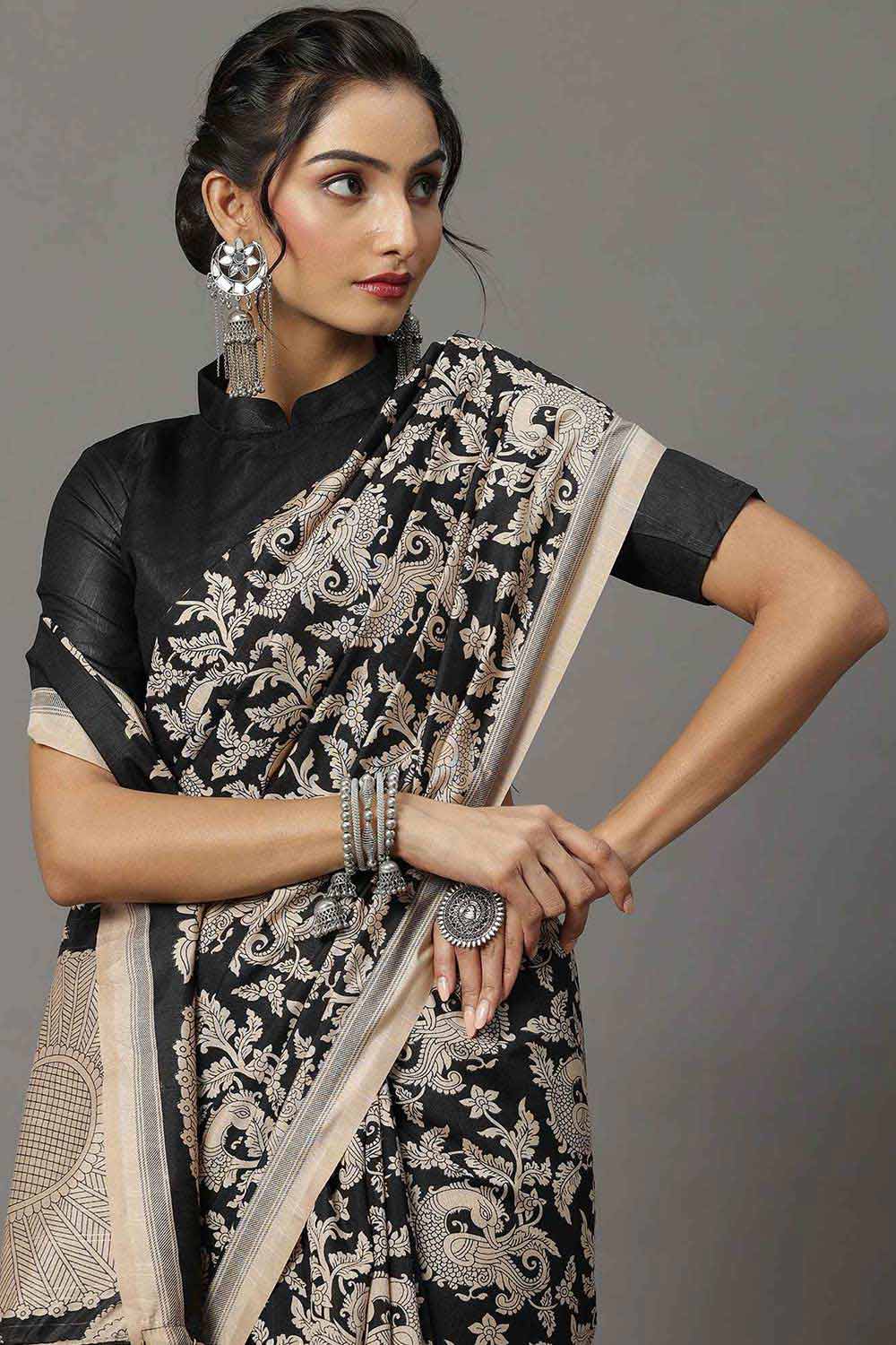 Buy Zoya Bhagalpuri Silk Black Printed Designer One Minute Saree Online - Front