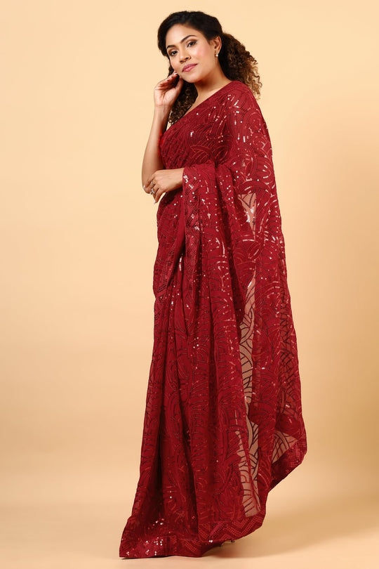 Nyris Red Sequins Georgette One Minute Saree