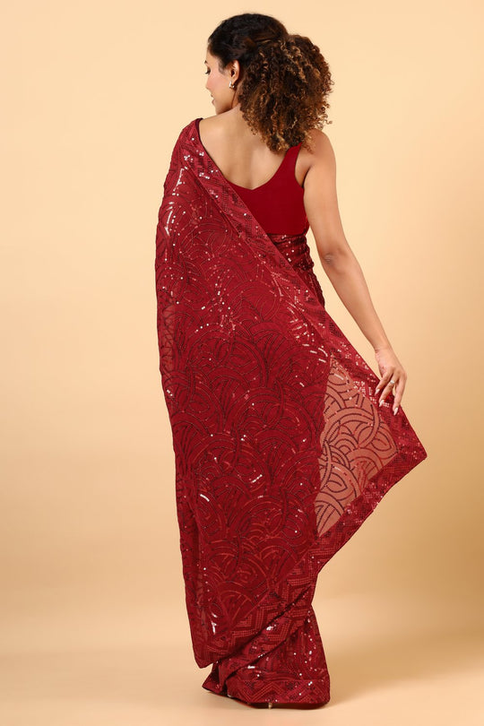Nyris Red Sequins Georgette One Minute Saree