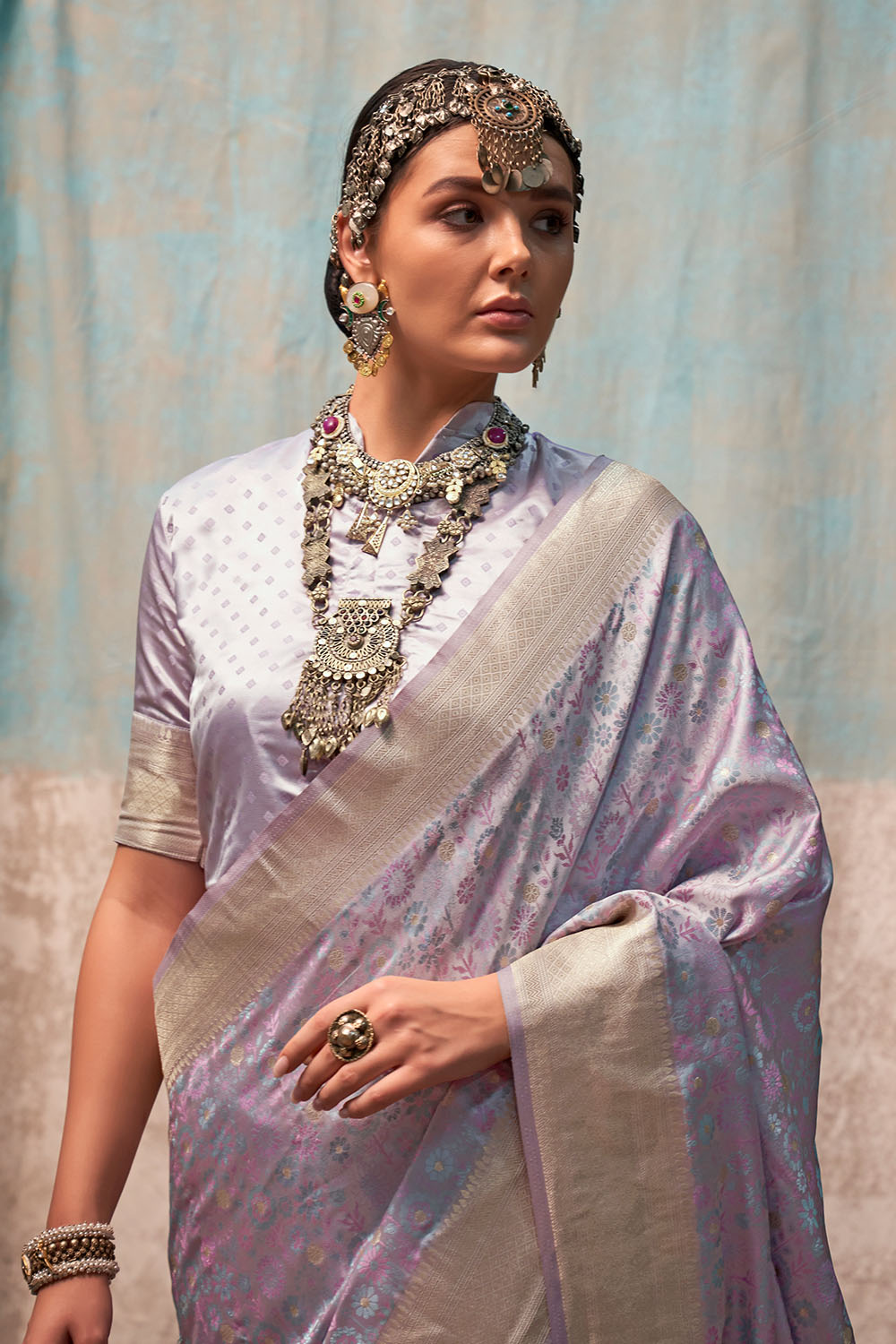 Oshan Lavender Satin Woven Ready to Wear One Minute Saree