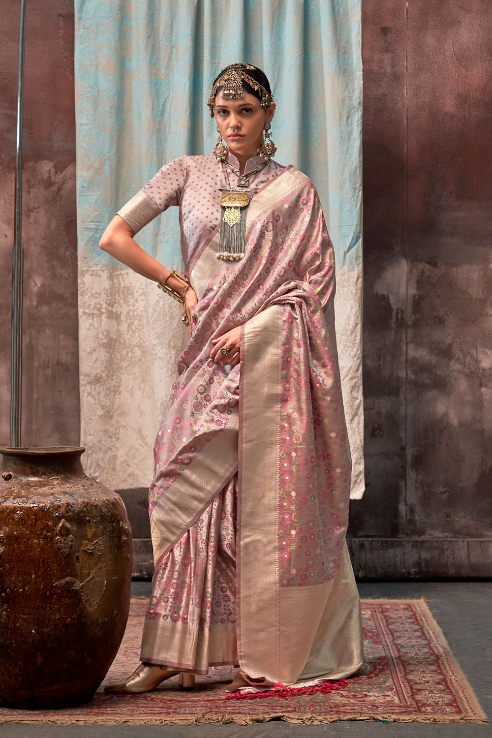 Oshan Peach Satin Woven Ready to Wear One Minute Saree