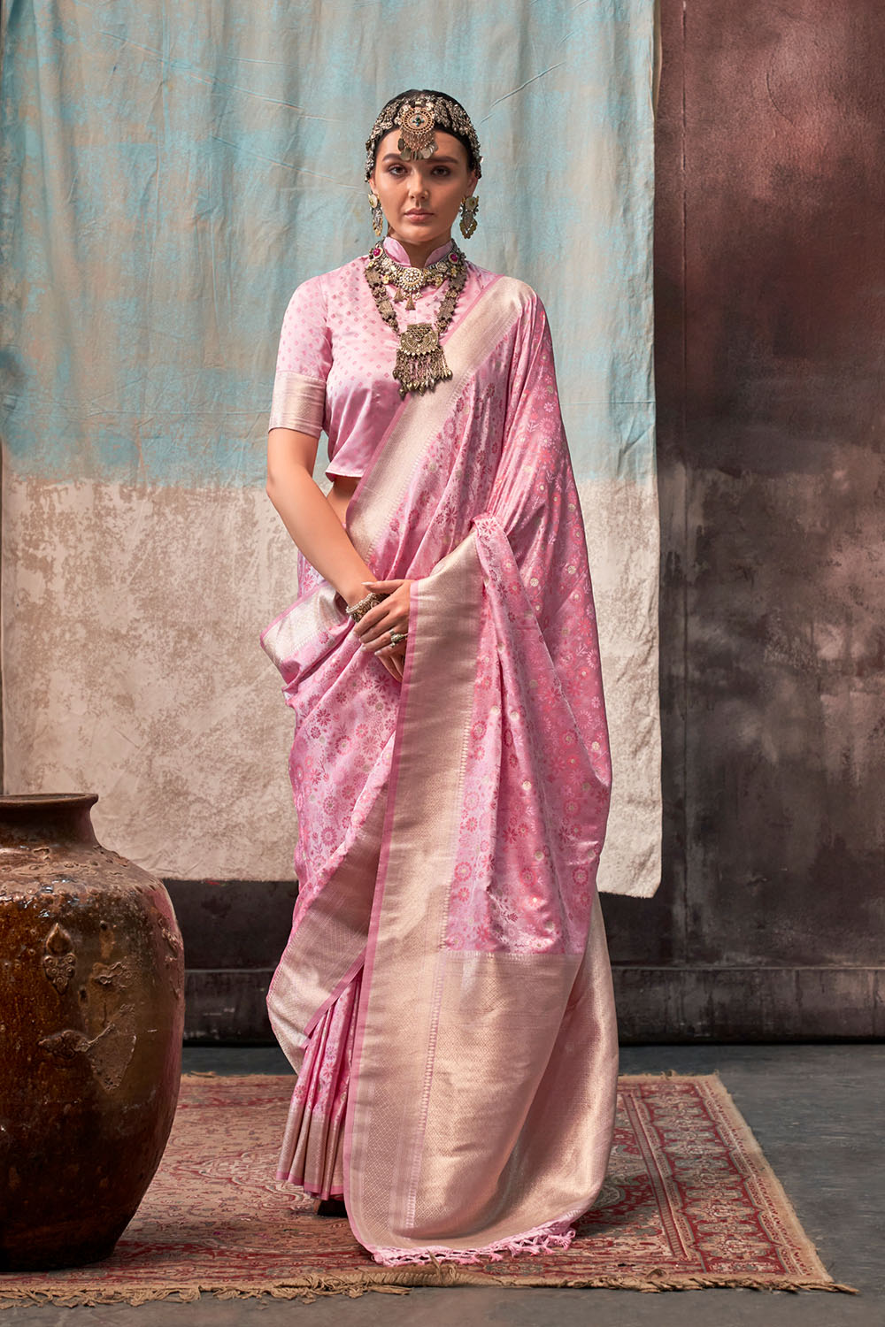 Oshan Pink Satin Woven Ready to Wear One Minute Saree