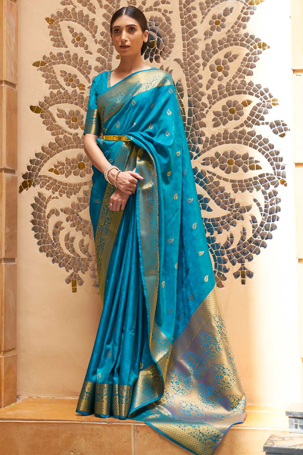 Adina Blue Silk Foil Print Lace One Minute Saree