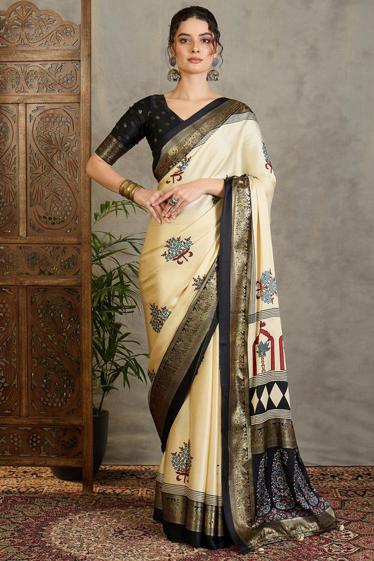 Sheila Cream Soft Modal Floral Printed &amp; Zari Woven Ready to Wear Saree