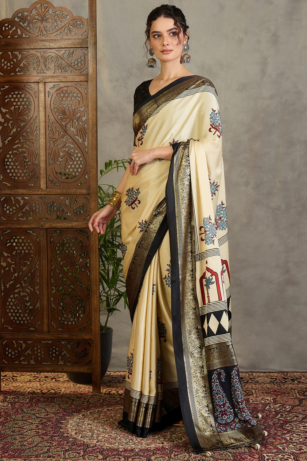 Sheila Cream Soft Modal Floral Printed & Zari Woven Ready to Wear Saree