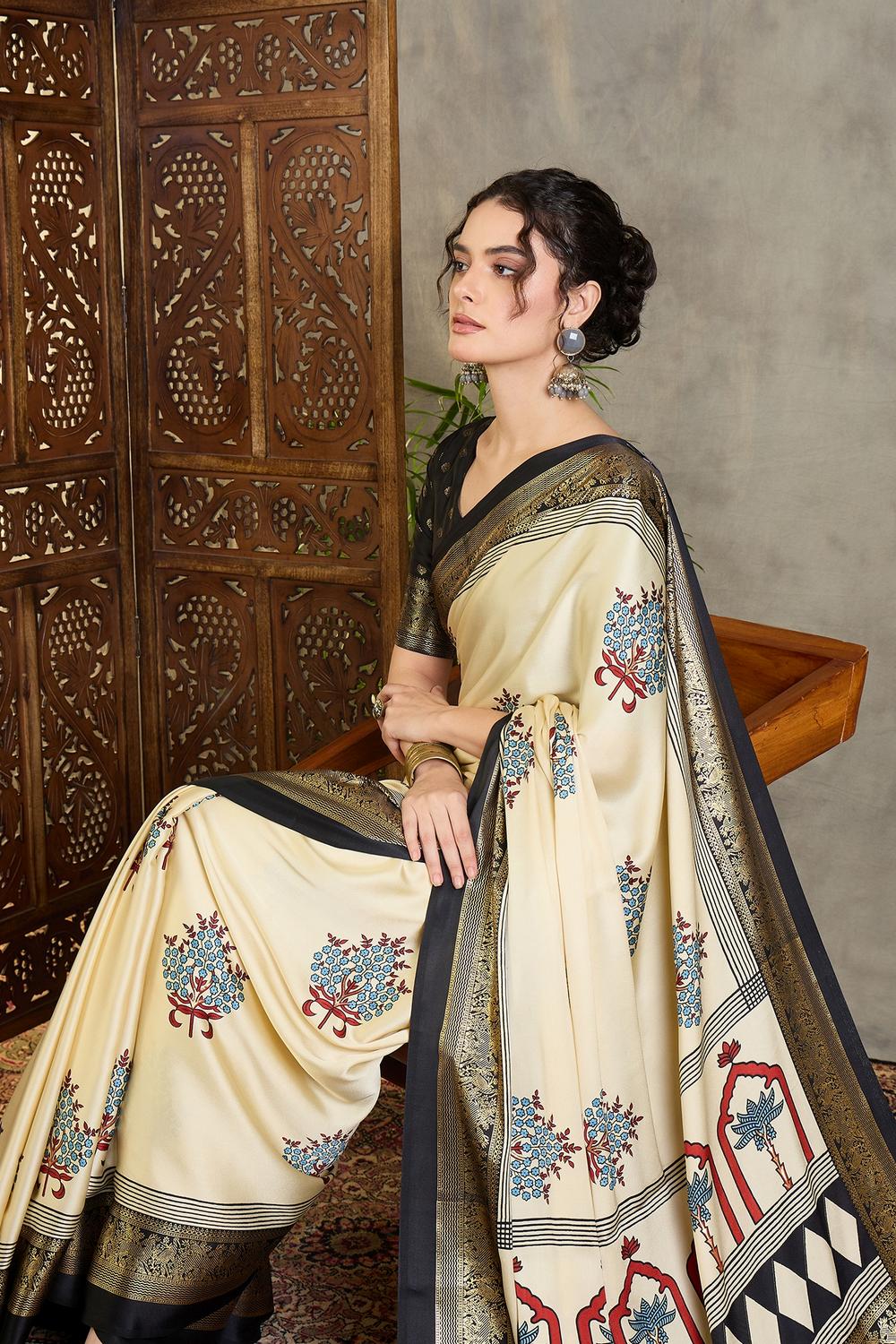 Sheila Cream Soft Modal Floral Printed &amp; Zari Woven Ready to Wear Saree