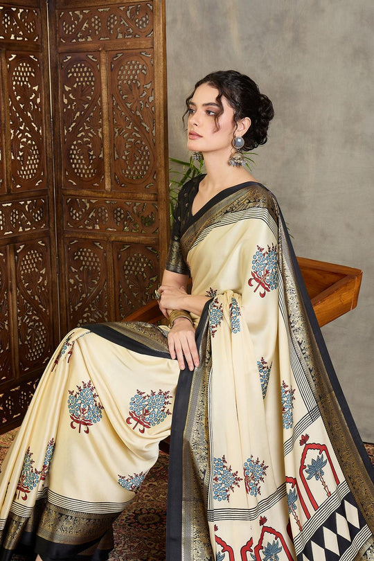 Sheila Cream Soft Modal Floral Printed &amp; Zari Woven Ready to Wear Saree