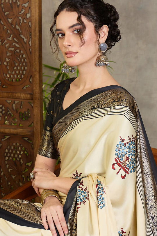 Sheila Cream Soft Modal Floral Printed &amp; Zari Woven Ready to Wear Saree
