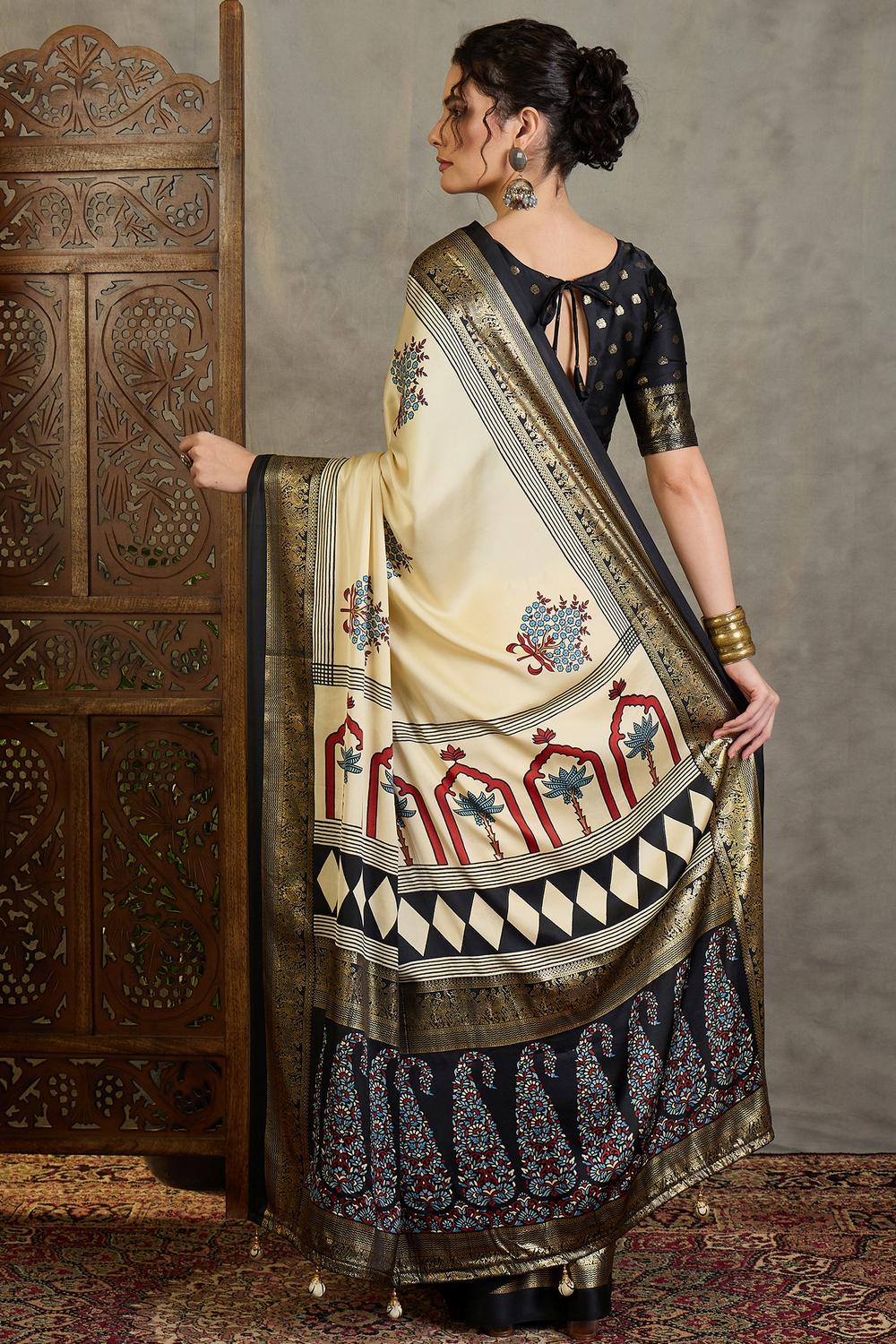 Sheila Cream Soft Modal Floral Printed &amp; Zari Woven Ready to Wear Saree