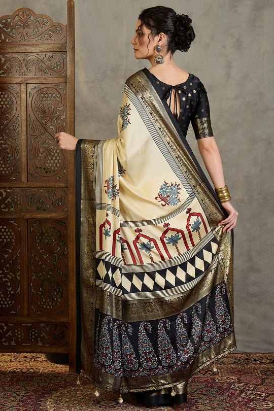 Sheila Cream Soft Modal Floral Printed &amp; Zari Woven Ready to Wear Saree