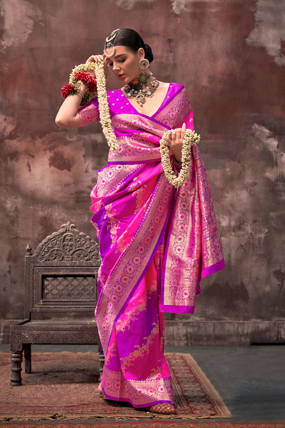 Kaia Dark Pink Silk Woven Ready to Wear One Minute Saree