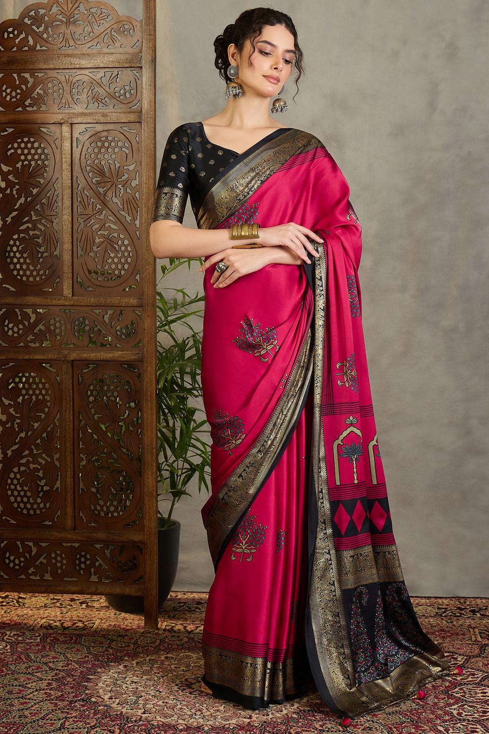 Sheila Red Soft Modal Floral Printed &amp; Zari Woven Ready to Wear One Minute Saree