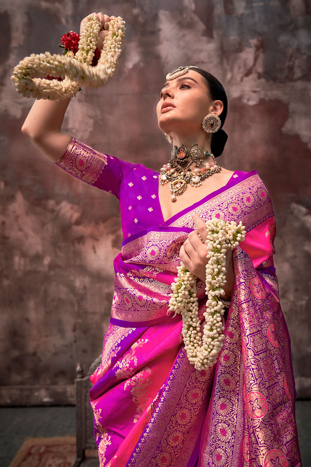 Kaia Dark Pink Silk Woven Ready to Wear One Minute Saree