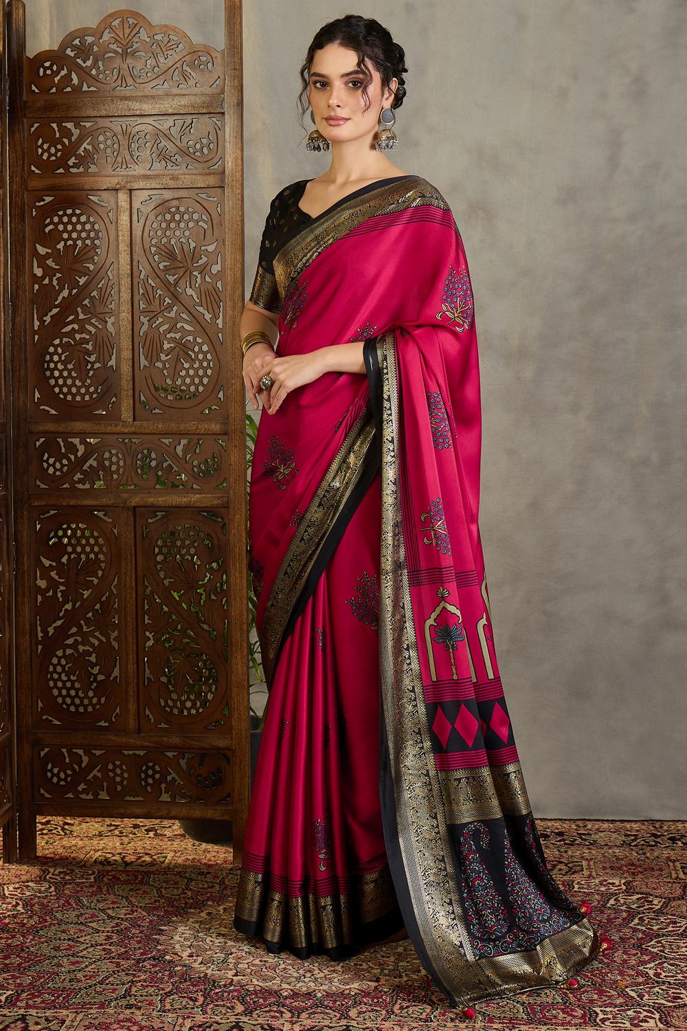 Sheila Red Soft Modal Floral Printed &amp; Zari Woven Ready to Wear One Minute Saree