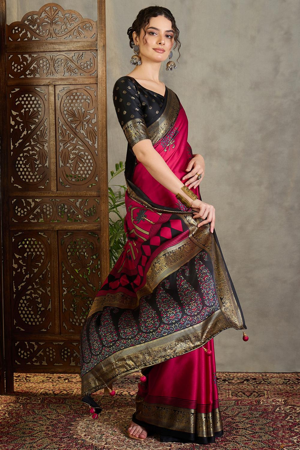 Sheila Red Soft Modal Floral Printed &amp; Zari Woven Ready to Wear One Minute Saree