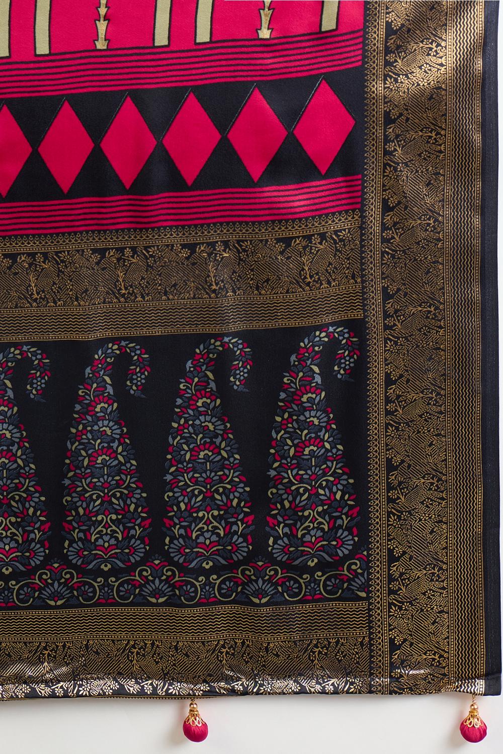 Sheila Red Soft Modal Floral Printed &amp; Zari Woven Ready to Wear One Minute Saree