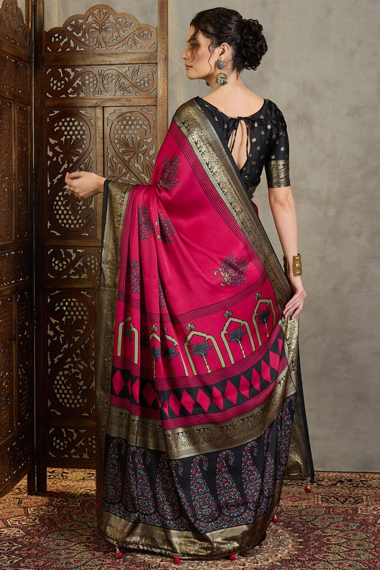 Sheila Red Soft Modal Floral Printed &amp; Zari Woven Ready to Wear One Minute Saree