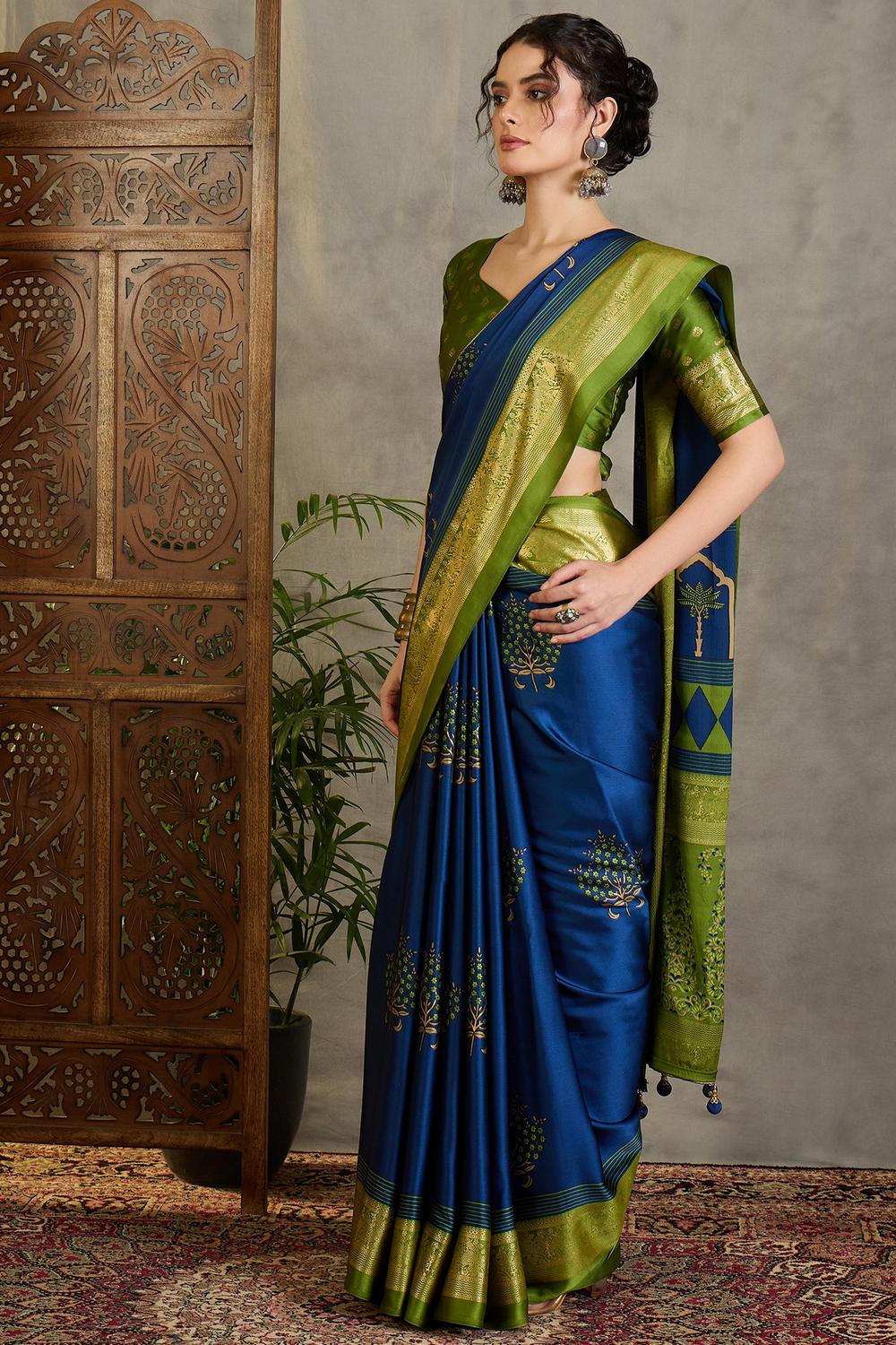 Sheila Blue Soft Modal Floral Printed &amp; Zari Woven Ready to Wear One Minute Saree