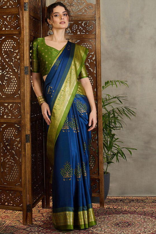Sheila Blue Soft Modal Floral Printed &amp; Zari Woven Ready to Wear One Minute Saree
