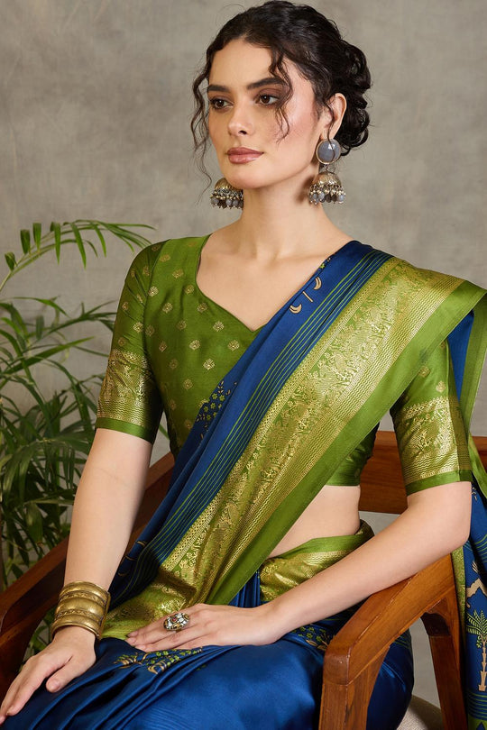 Sheila Blue Soft Modal Floral Printed &amp; Zari Woven Ready to Wear One Minute Saree