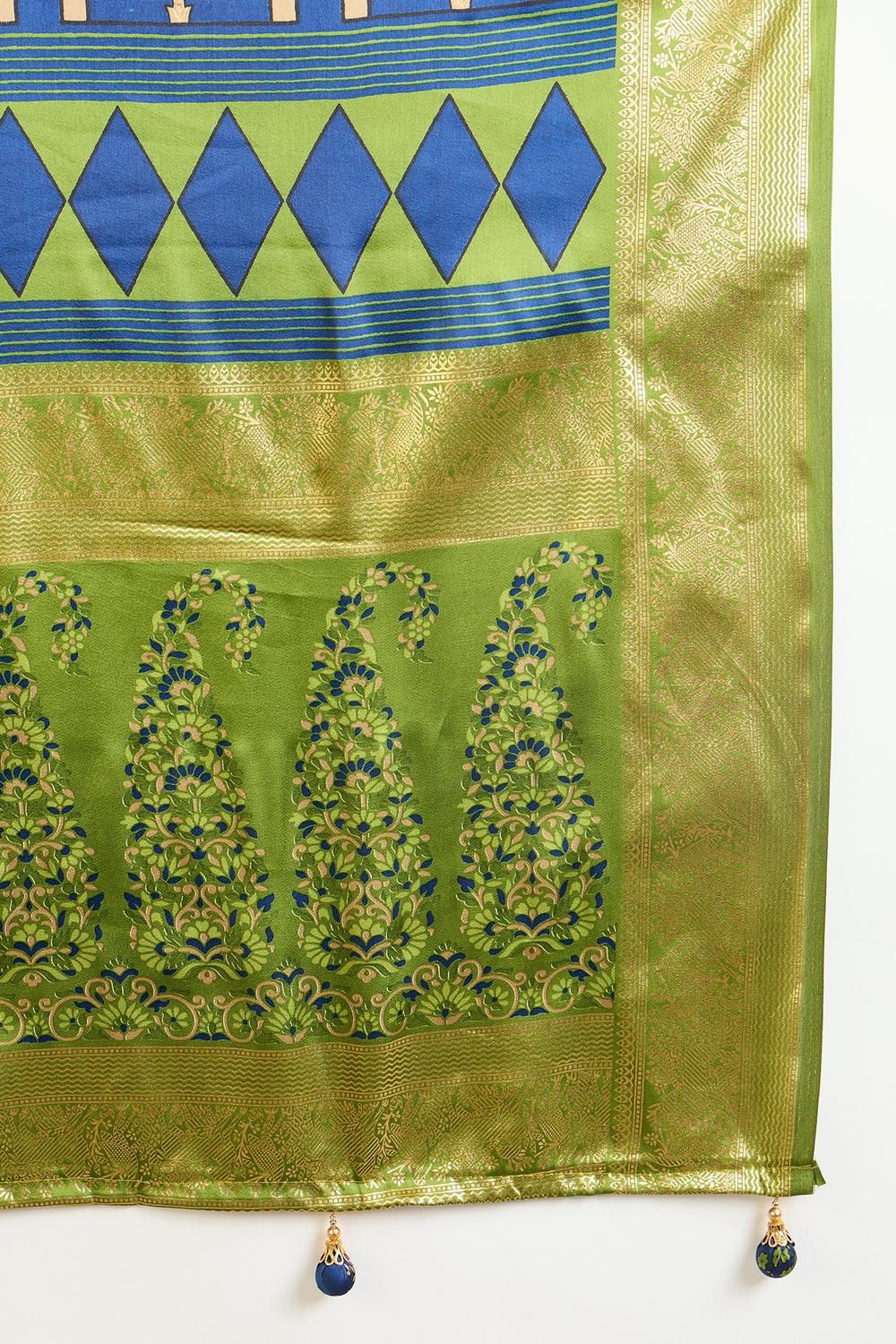 Sheila Blue Soft Modal Floral Printed &amp; Zari Woven Ready to Wear One Minute Saree