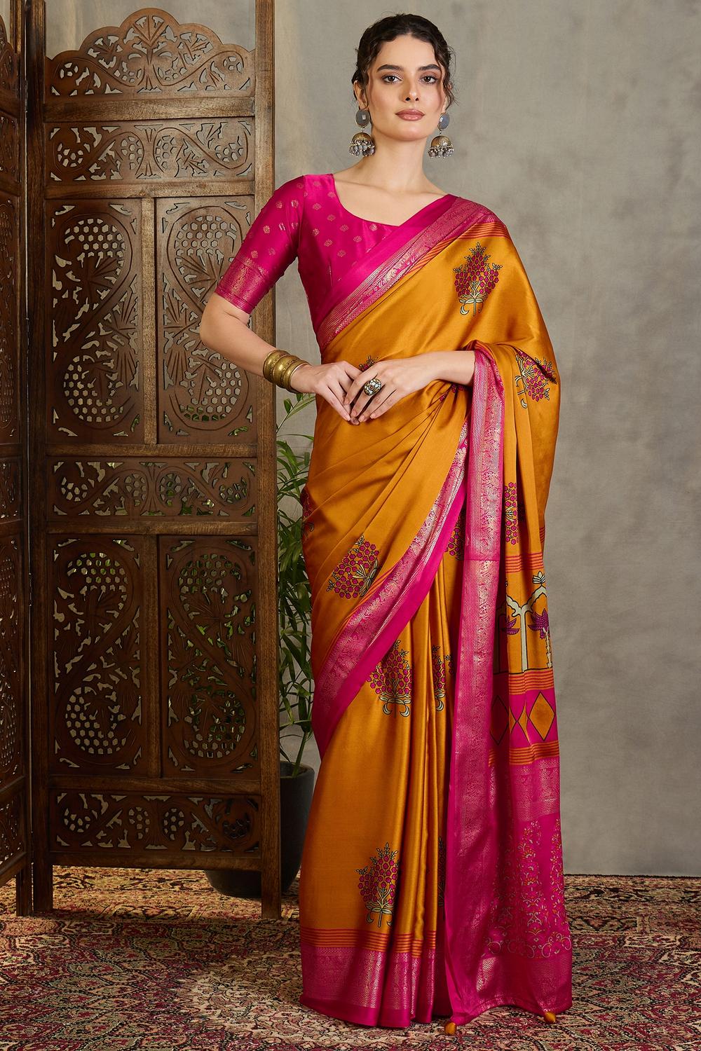 Sheila Yellow Soft Modal Floral Printed &amp; Zari Woven Ready to Wear One Minute Saree