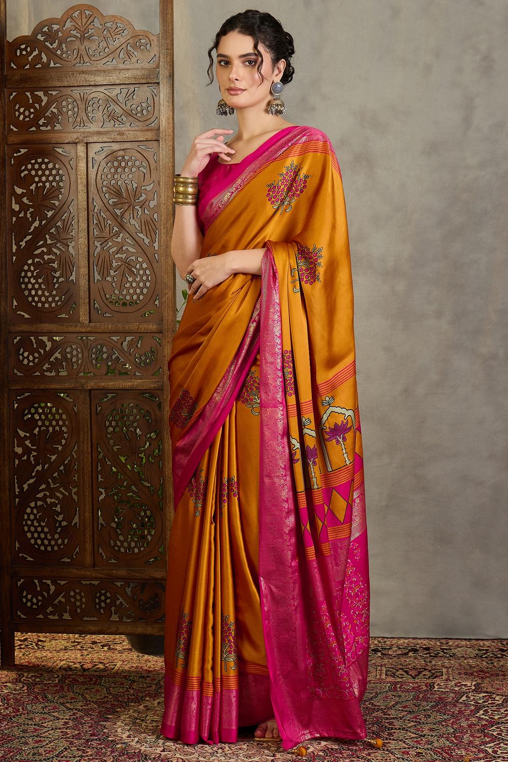 Sheila Yellow Soft Modal Floral Printed & Zari Woven Ready to Wear One Minute Saree