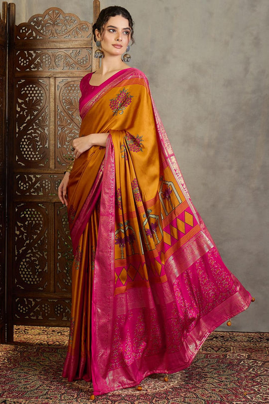 Sheila Yellow Soft Modal Floral Printed &amp; Zari Woven Ready to Wear One Minute Saree