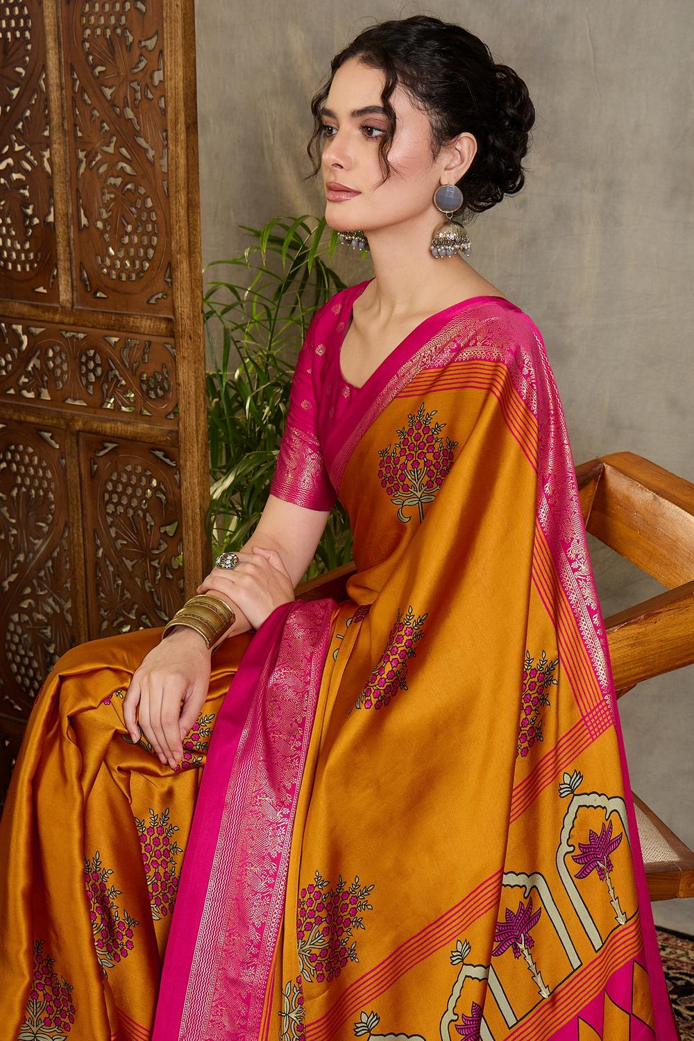 Sheila Yellow Soft Modal Floral Printed &amp; Zari Woven Ready to Wear One Minute Saree