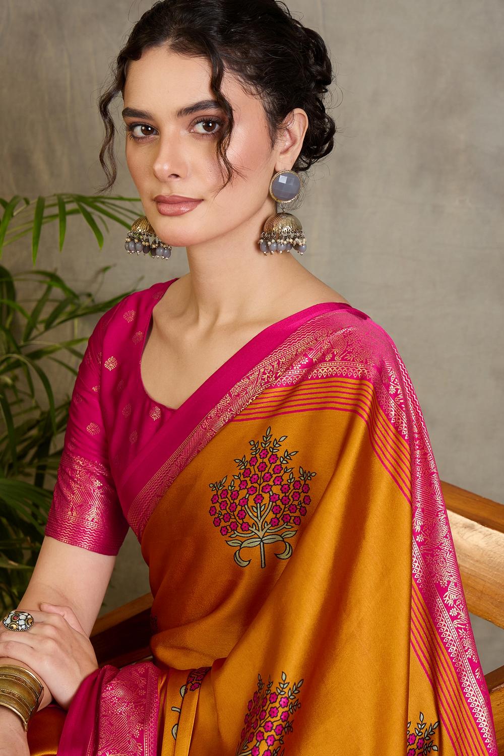 Sheila Yellow Soft Modal Floral Printed &amp; Zari Woven Ready to Wear One Minute Saree