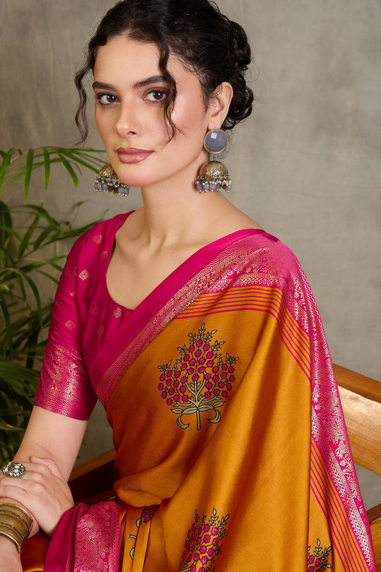 Sheila Yellow Soft Modal Floral Printed &amp; Zari Woven Ready to Wear One Minute Saree
