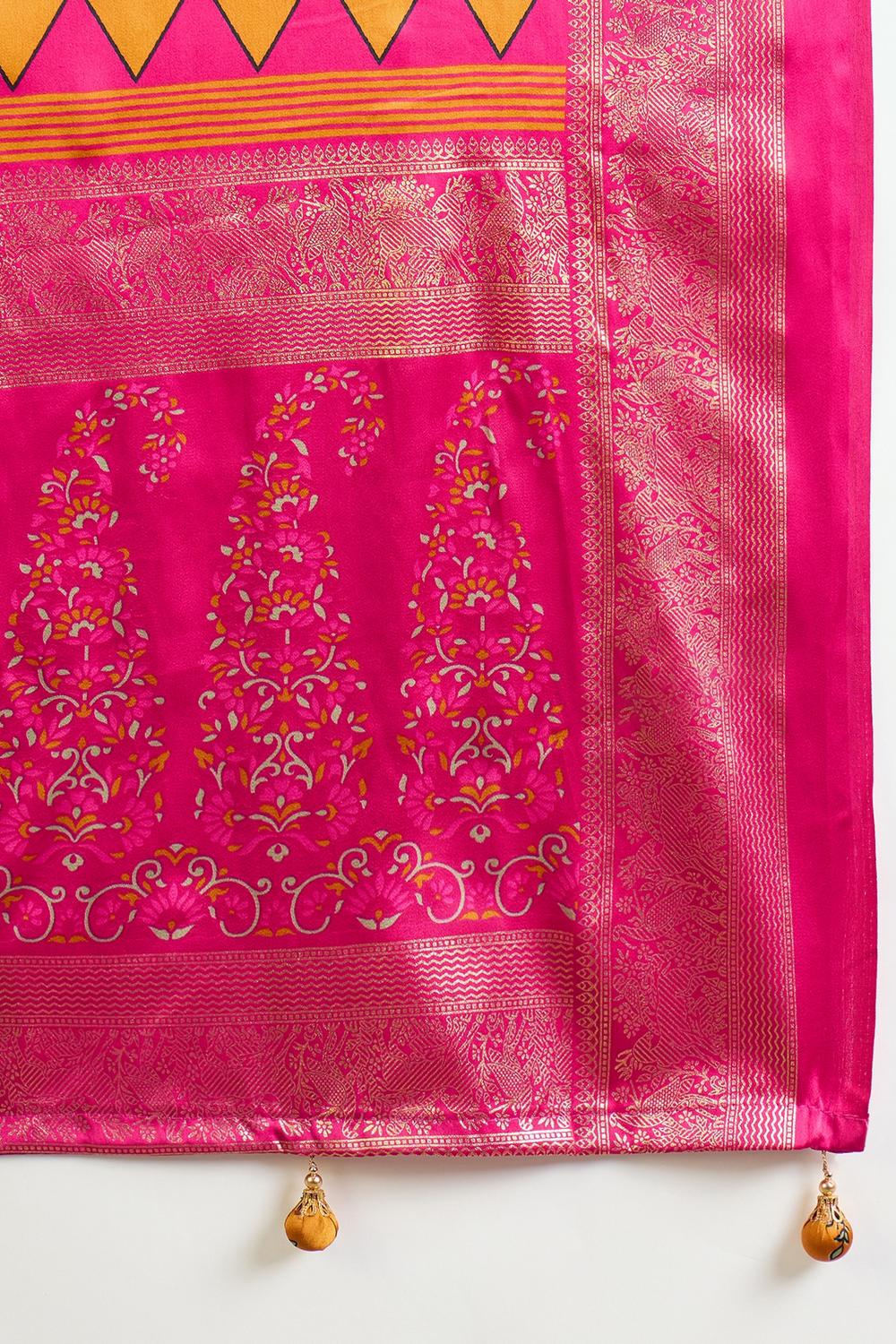 Sheila Yellow Soft Modal Floral Printed &amp; Zari Woven Ready to Wear One Minute Saree