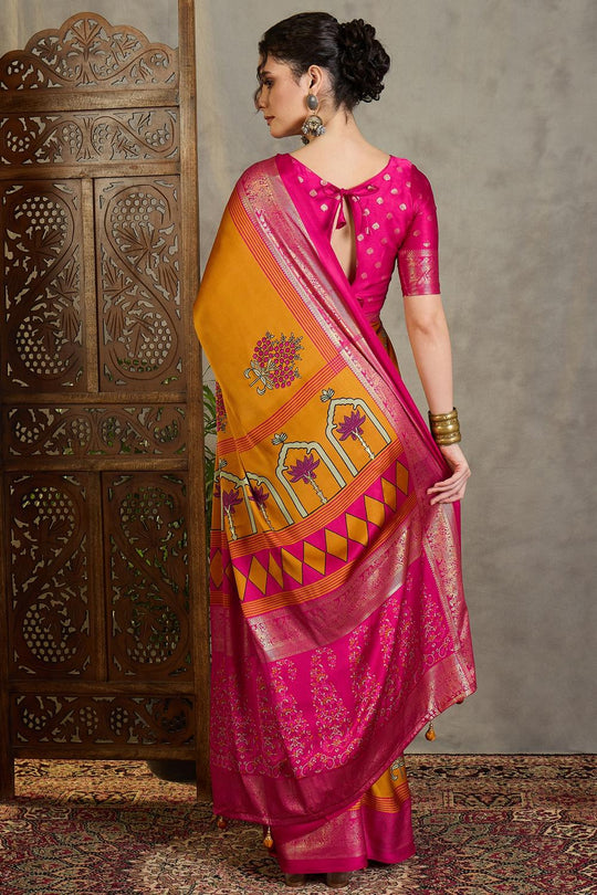 Sheila Yellow Soft Modal Floral Printed &amp; Zari Woven Ready to Wear One Minute Saree