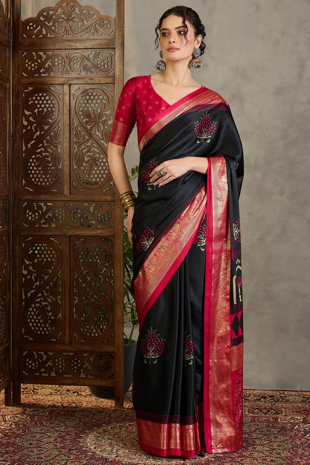 Sheila Black Soft Modal Floral Printed &amp; Zari Woven Ready to Wear One Minute Saree