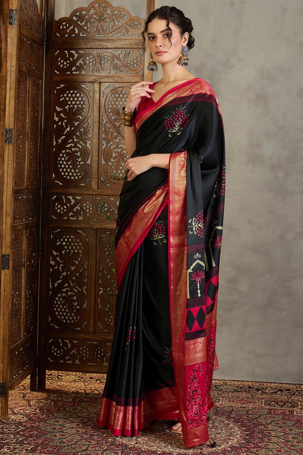 Sheila Black Soft Modal Floral Printed & Zari Woven Ready to Wear One Minute Saree