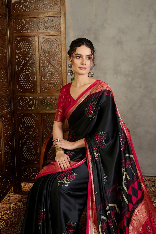 Sheila Black Soft Modal Floral Printed &amp; Zari Woven Ready to Wear One Minute Saree