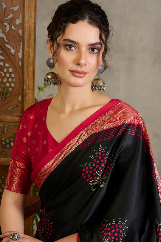 Sheila Black Soft Modal Floral Printed &amp; Zari Woven Ready to Wear One Minute Saree