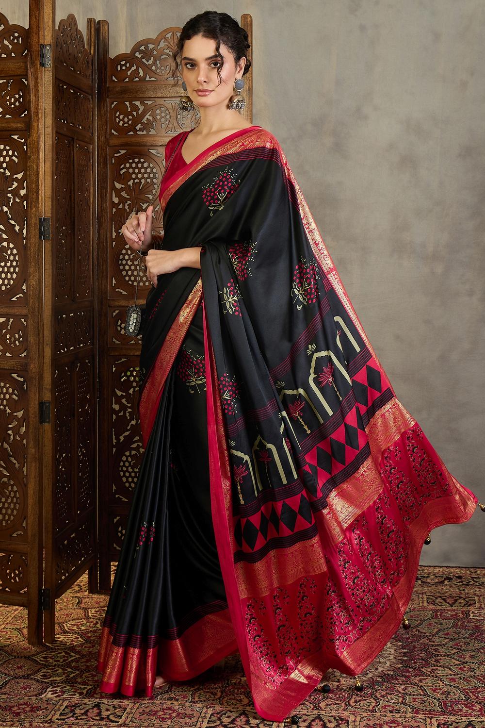 Sheila Black Soft Modal Floral Printed &amp; Zari Woven Ready to Wear One Minute Saree