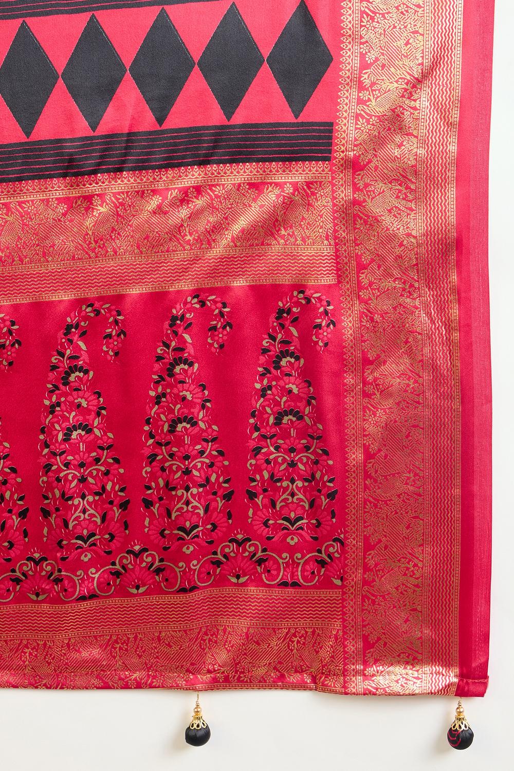 Sheila Black Soft Modal Floral Printed &amp; Zari Woven Ready to Wear One Minute Saree