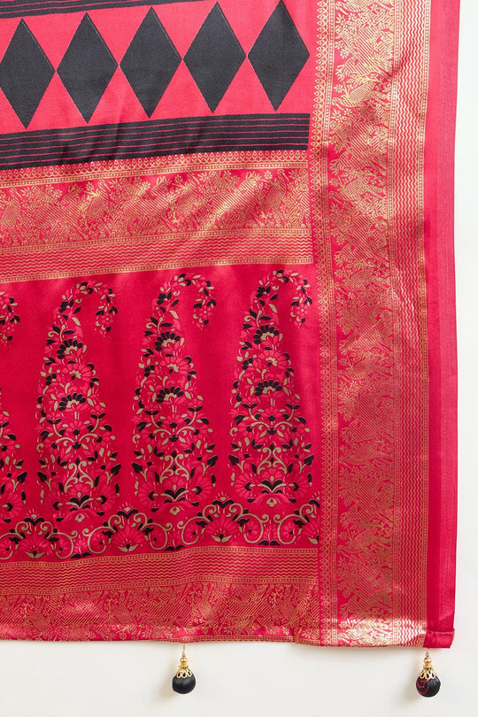 Sheila Black Soft Modal Floral Printed &amp; Zari Woven Ready to Wear One Minute Saree