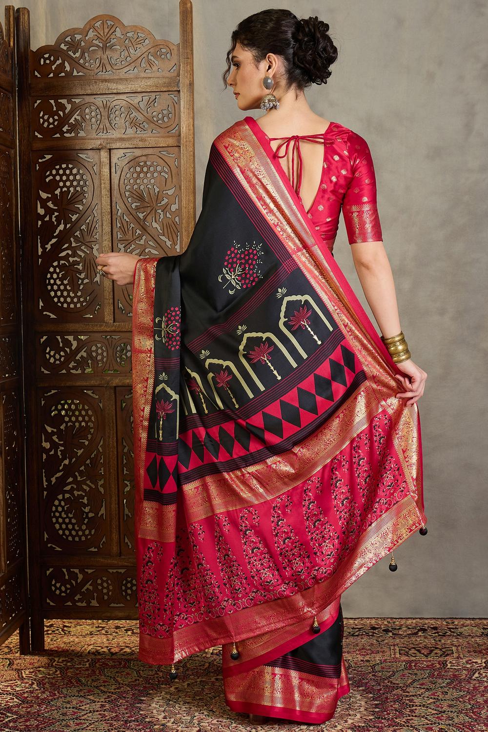 Sheila Black Soft Modal Floral Printed &amp; Zari Woven Ready to Wear One Minute Saree