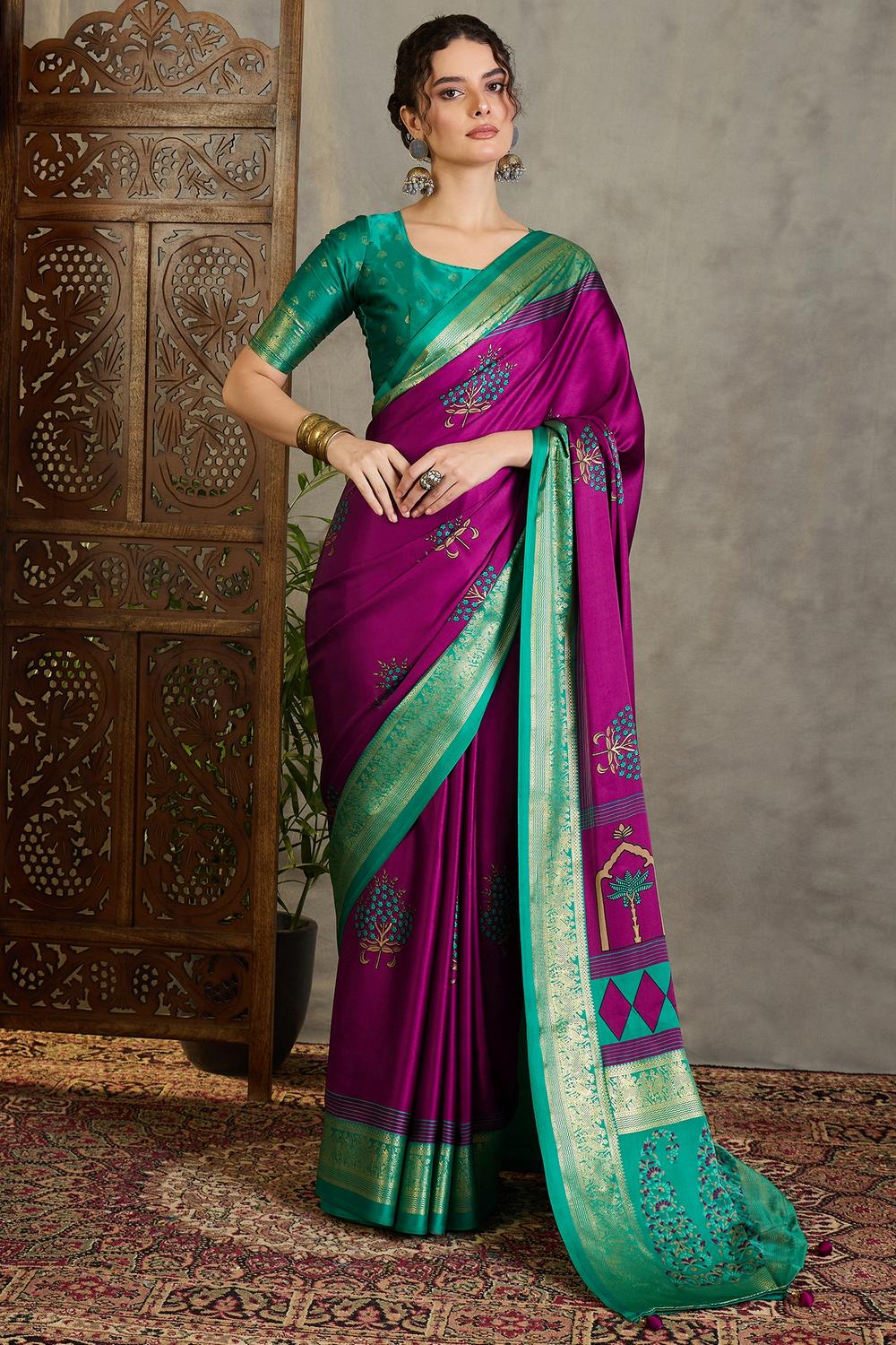 Sheila Wine Soft Modal Floral Printed &amp; Zari Woven Ready to Wear One Minute Saree